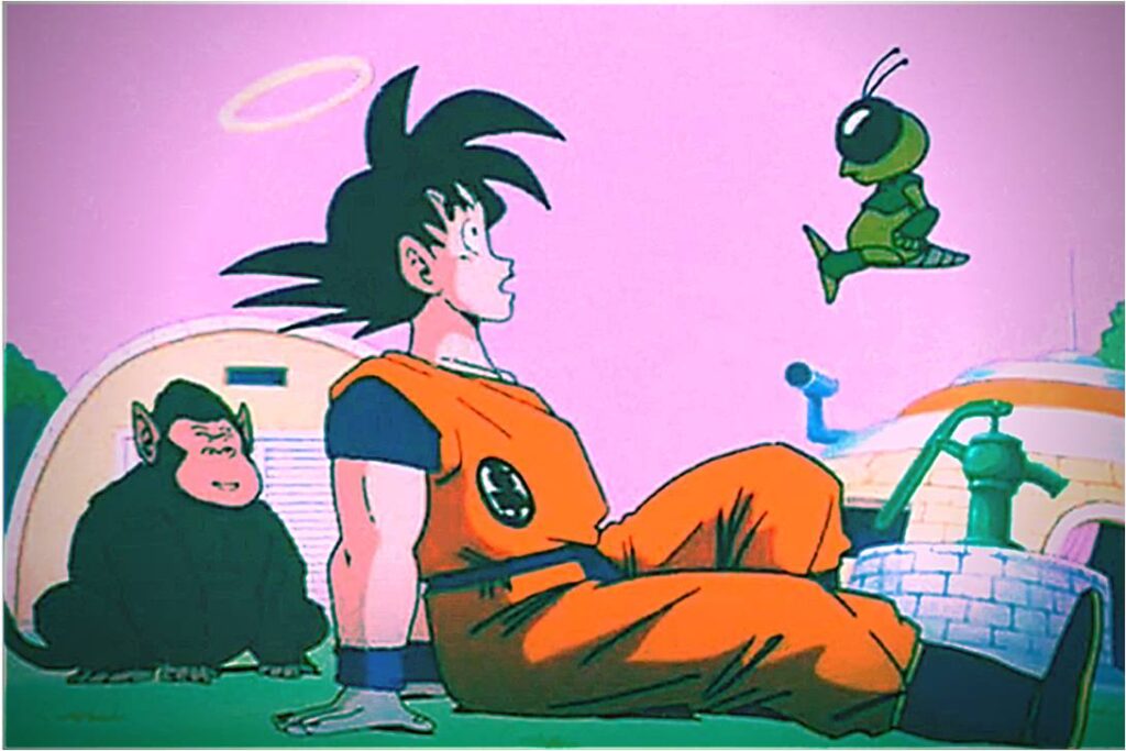 Goku trains with Bubbles and Gregory to adapt in the gravity of King Kai's planet.