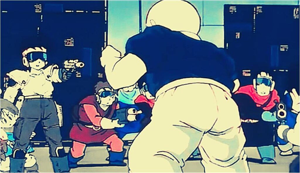 Both Gohan and Krillin being surrounded by Zeshin and group.